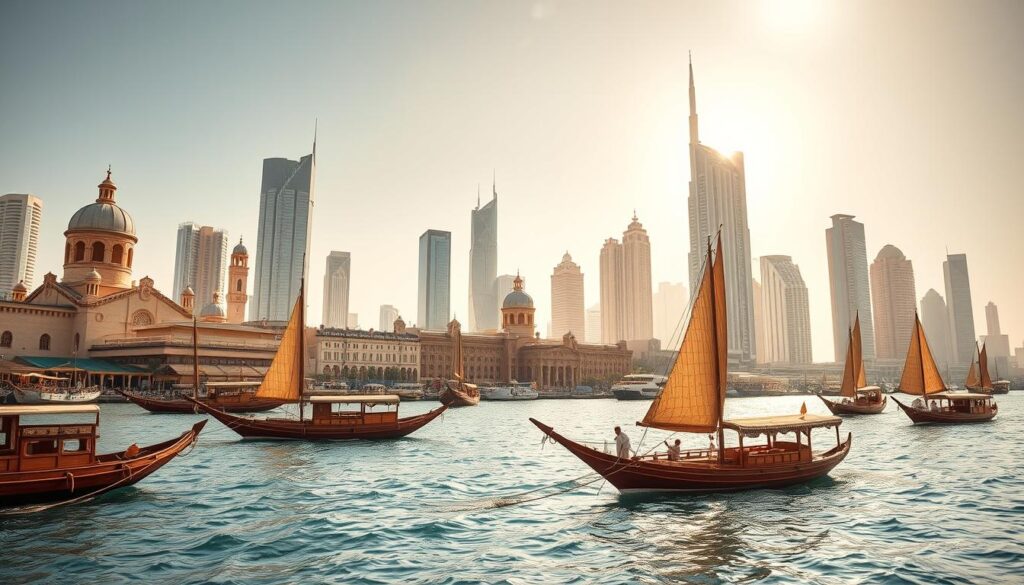 A breathtaking panorama of Dubai Creek's historical waterway, captured with a wide-angle lens. The foreground showcases traditional dhows and abras floating peacefully along the serene, azure waters, their wooden hulls and intricate sails reflecting the warm hues of the sun. In the middle ground, the iconic wind towers and domed buildings of Old Dubai rise majestically, a testament to the region's rich architectural heritage. The background features the towering, modern skyscrapers of the city's financial district, creating a captivating juxtaposition of old and new. The lighting is soft and golden, evoking a sense of timeless tranquility. This image, commissioned by Online Travel Express, perfectly encapsulates the cultural vibrancy and historical significance of Dubai Creek, the heart and soul of the city.