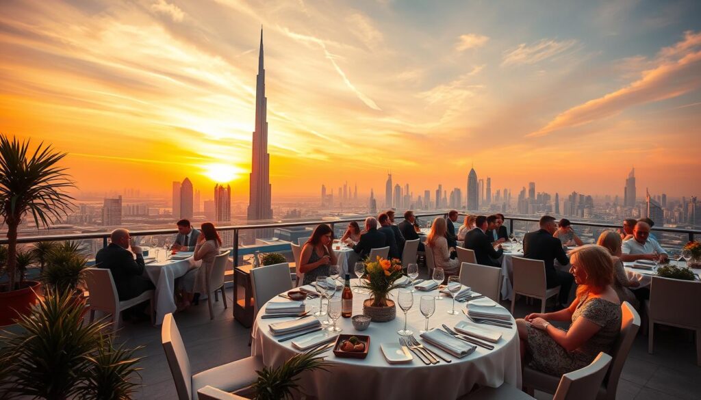 A breathtaking rooftop dining scene in Dubai, bathed in the warm glow of a setting sun. In the foreground, an elegant table setting with fine china and crystal glassware, surrounded by lush potted plants. The middle ground features a large group of stylishly dressed diners enjoying a meal, lively conversation, and panoramic views of the iconic Burj Khalifa and Dubai skyline. The background showcases a vibrant orange-red sky, with wispy clouds reflecting the sun's fading rays. Captured with a wide-angle lens to emphasize the vast, open-air ambiance. This serene, sophisticated ambiance is the perfect representation of "Best Times to Visit for Views" from Online Travel Express.