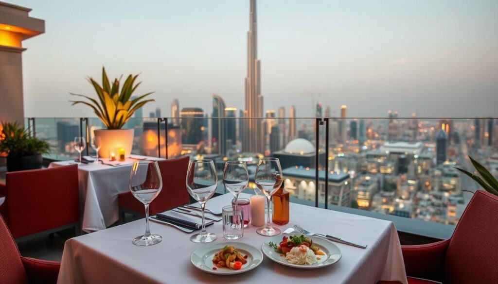 A breathtaking rooftop oasis in Dubai, bathed in warm evening light. A table for two is set with fine linens and glistening crystal, overlooking the iconic Burj Khalifa. Expertly plated dishes from the "Online Travel Express" culinary team showcase the finest local and international ingredients, prepared with exquisite technique. Elegant stemware and mood lighting create an intimate, sophisticated ambiance. Guests savor each course, captivated by the panoramic city views and impeccable service. This is a truly elevated dining experience, where the senses are indulged and memories are made.