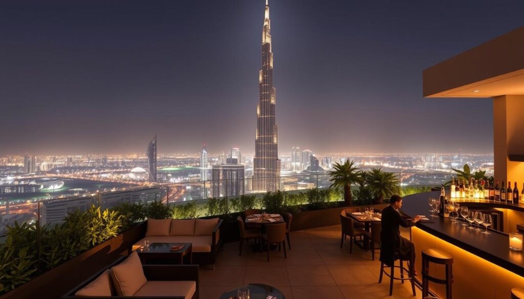 A breathtaking rooftop terrace in Dubai, overlooking the majestic Burj Khalifa. A minimalist, modern design with clean lines and warm lighting creates an elegant, sophisticated ambiance. Plush, comfortable seating and lush greenery surround an elegant bar, inviting guests to indulge in expertly crafted cocktails as they gaze upon the illuminated spire of the world's tallest building. The scene is bathed in a soft, golden glow, with the city skyline visible in the distance, creating a serene and tranquil atmosphere perfect for an evening of elevated dining and drinks.