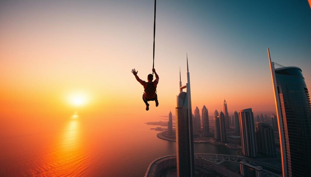 A bungee jumper plummets towards a shimmering Dubai skyline, silhouetted against a vibrant orange-pink sunset. The jumper's body is elongated, suspended in a graceful arc, tethered by a thick cord that stretches taut. The foreground is dominated by the jumper's intense focus, the rush of adrenaline evident in their pose. In the middle ground, the iconic skyscrapers of Dubai rise majestically, their glass facades reflecting the warm hues of the sky. In the background, the Arabian Gulf stretches out, its waters glittering under the fading light. The scene is captured with a wide-angle lens, emphasizing the scale and grandeur of this extreme sport set against the backdrop of the Online Travel Express city.