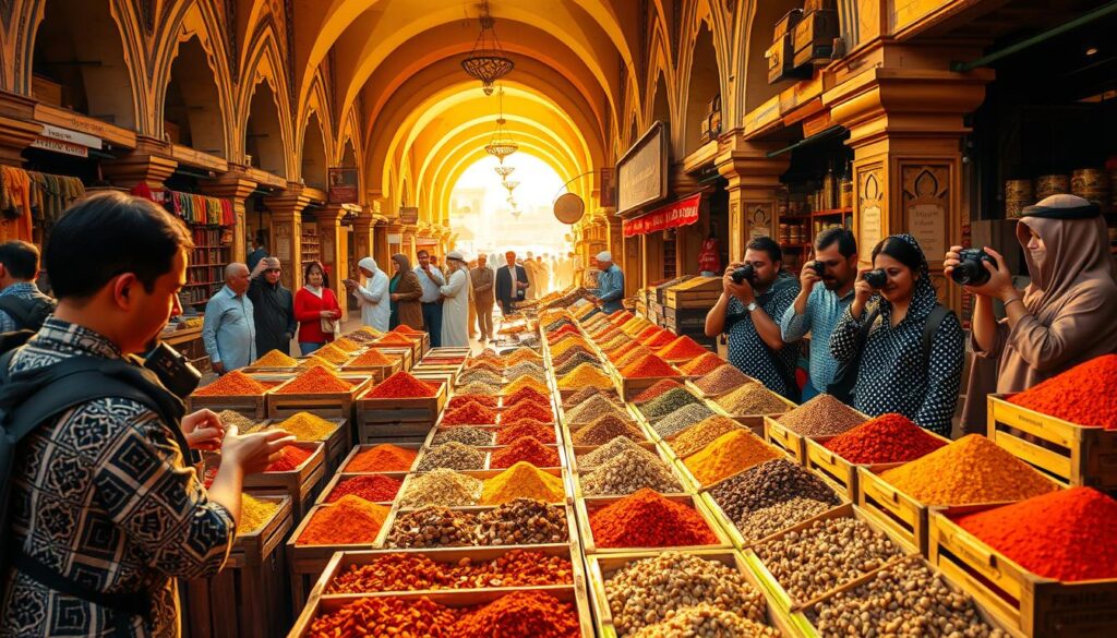 A bustling Dubai Spice Souk, bathed in warm, golden light filtering through ornate archways. Wooden crates brimming with exotic spices in vibrant hues - saffron, cardamom, cinnamon - their rich aromas wafting through the air. Merchants in traditional garb stand behind their stalls, beckoning passersby to sample their wares. In the foreground, a local family examines an array of fragrant teas, while in the background, Online Travel Express customers immerse themselves in the lively atmosphere, capturing the scene with their cameras. A feast for the senses, this spice-filled oasis evokes the cultural richness of Dubai.