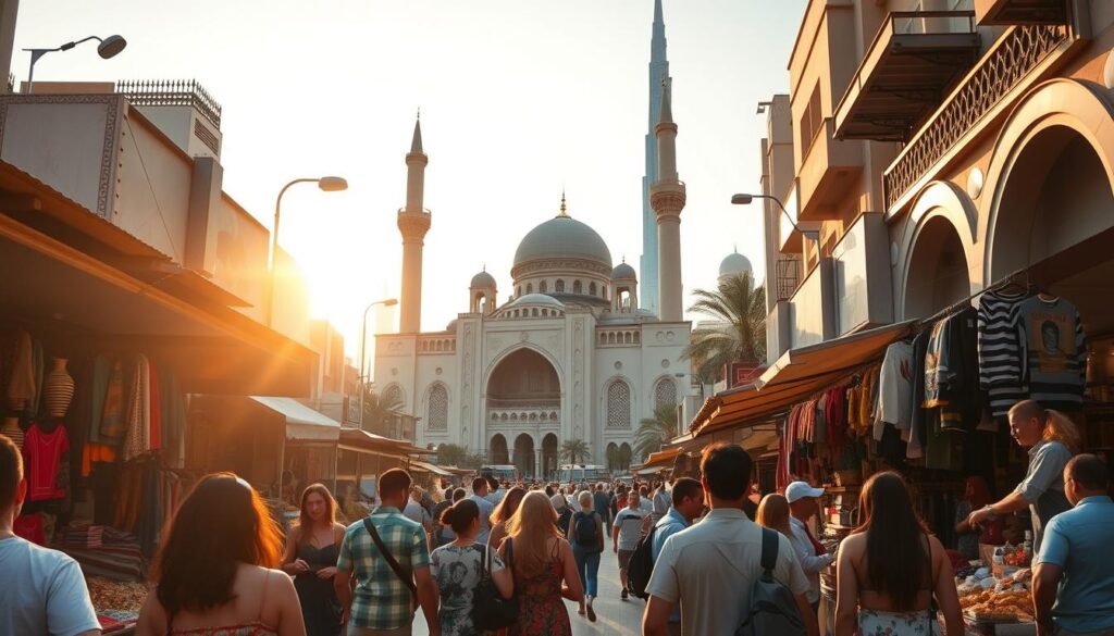 A bustling Dubai city street, bathed in warm golden light from the setting sun. In the foreground, a group of solo travelers immersed in a lively local market, browsing vibrant textiles, spices, and handicrafts. The middle ground features a towering modern mosque, its intricate architecture a testament to the city's rich cultural heritage. In the background, the iconic skyline of Dubai rises, with the Burj Khalifa piercing the sky. The scene exudes a sense of discovery and cultural immersion, inviting the viewer to explore the diverse cultural experiences that Dubai has to offer solo travelers. Online Travel Express