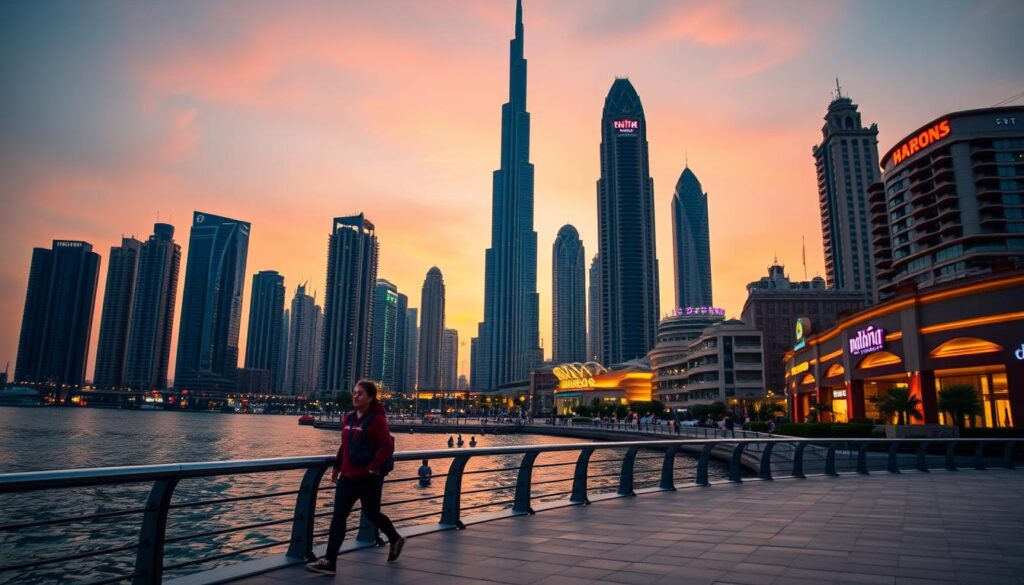 A bustling Dubai cityscape at dusk, bathed in warm, golden light. In the foreground, a lone traveler strolls along the promenade, taking in the iconic skyscrapers and serene waterfront. The middle ground features the iconic Burj Khalifa, casting a striking silhouette against the vibrant sky. In the background, the city's diverse architecture and lively nightlife create a sense of energy and adventure. The scene conveys the sense of freedom and exploration that a solo traveler might experience in this dynamic, cosmopolitan destination. Captured by the Online Travel Express team.