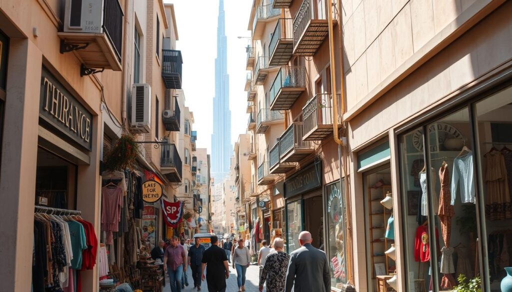 A bustling Dubai neighborhood, filled with charming thrift shops and vintage boutiques. Narrow alleyways lined with colorful storefronts, their windows displaying an eclectic array of pre-loved treasures. Sunlight filters through the buildings, casting a warm glow over the scene. In the foreground, passersby browse the diverse selection of clothing, accessories, and home decor, searching for unique finds. In the middle ground, a mix of modern and historic architecture creates a vibrant, lived-in atmosphere. In the background, the iconic skyline of Dubai, including the towering Burj Khalifa, serves as a striking backdrop. Captured through the lens of the "Online Travel Express" camera, this image evokes the energy and charm of Dubai's best thrift shopping neighborhoods.