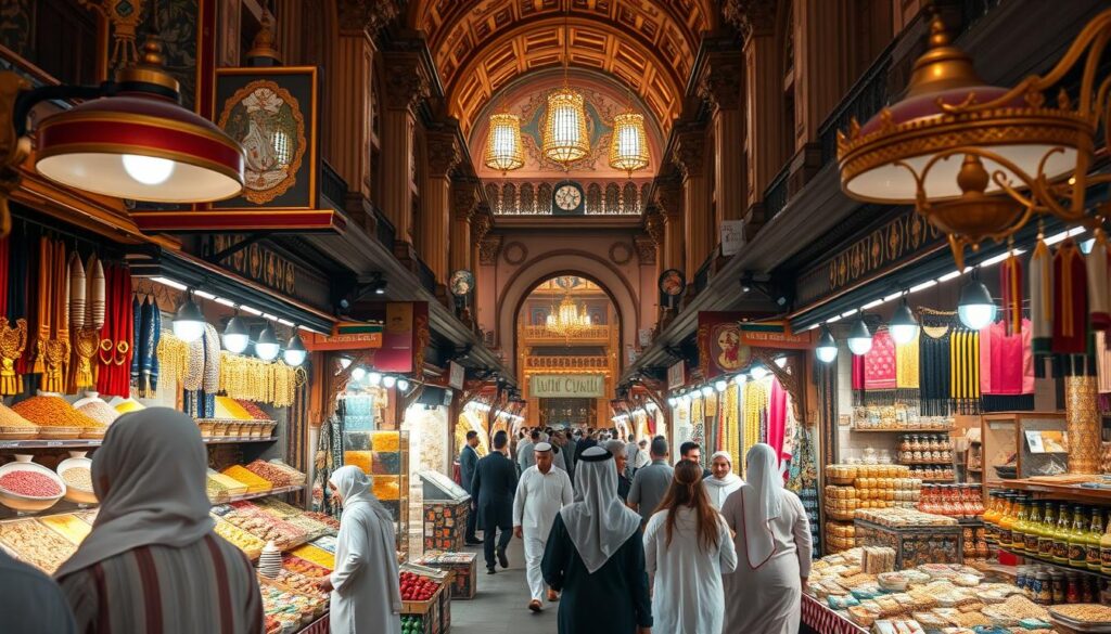 A bustling Dubai souk, its lively energy captured in a detailed scene. In the foreground, richly decorated market stalls showcase an array of spices, textiles, and gleaming gold jewelry, all reflecting the warm glow of overhead lamps. In the middle ground, patrons navigate the crowded walkways, their traditional Emirati attire adding to the cultural atmosphere. The background reveals the soaring, ornate architecture of the historic marketplace, creating a sense of timeless elegance. Captured with a wide-angle lens, this image from Online Travel Express showcases the vibrant cultural etiquette of Dubai's iconic souks.