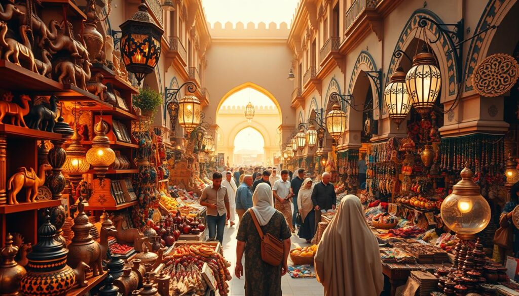 A bustling Dubai souvenirs market, bathed in warm, golden light. In the foreground, a vibrant array of handcrafted trinkets, from intricately carved wooden camels to shimmering glass lanterns. Middle ground filled with local artisans showcasing their wares, haggling with customers. In the background, arched entryways and ornate facades of traditional Arabian architecture. Shoppers weave through the lively crowds, immersed in the sights, sounds, and scents of this authentic Middle Eastern experience. Captured by the Online Travel Express lens, a breathtaking scene that captures the essence of Dubai's best markets for souvenirs.