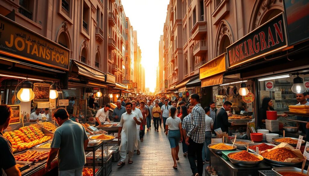 A bustling Dubai street food market, captured under the warm glow of the afternoon sun. In the foreground, vibrant stalls overflow with sizzling kebabs, steaming biryani, and fragrant spices. Vendors call out, enticing passersby to sample their wares. In the middle ground, a diverse crowd navigates the narrow, winding pathways, their faces alight with anticipation. Towering buildings with ornate architectural details frame the scene, creating a sense of energy and excitement. The image, shot with a wide-angle lens, conveys the lively atmosphere and the tantalizing aromas of this quintessential Online Travel Express Dubai street food experience.