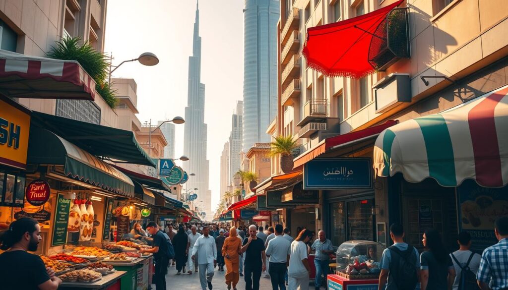 A bustling Dubai street, lined with vibrant food stalls and colorful awnings, as part of an "Online Travel Express" culinary road trip experience. In the foreground, a variety of Middle Eastern delicacies and local specialties are on display, enticing passersby with tantalizing aromas. The middle ground features lively crowds of locals and tourists, weaving between the vendors and cafes. In the background, the iconic skyscrapers of Dubai's skyline rise majestically, creating a dynamic contrast between modern and traditional elements. The scene is bathed in warm, golden sunlight, capturing the vibrant energy and diversity of Dubai's thriving food culture.