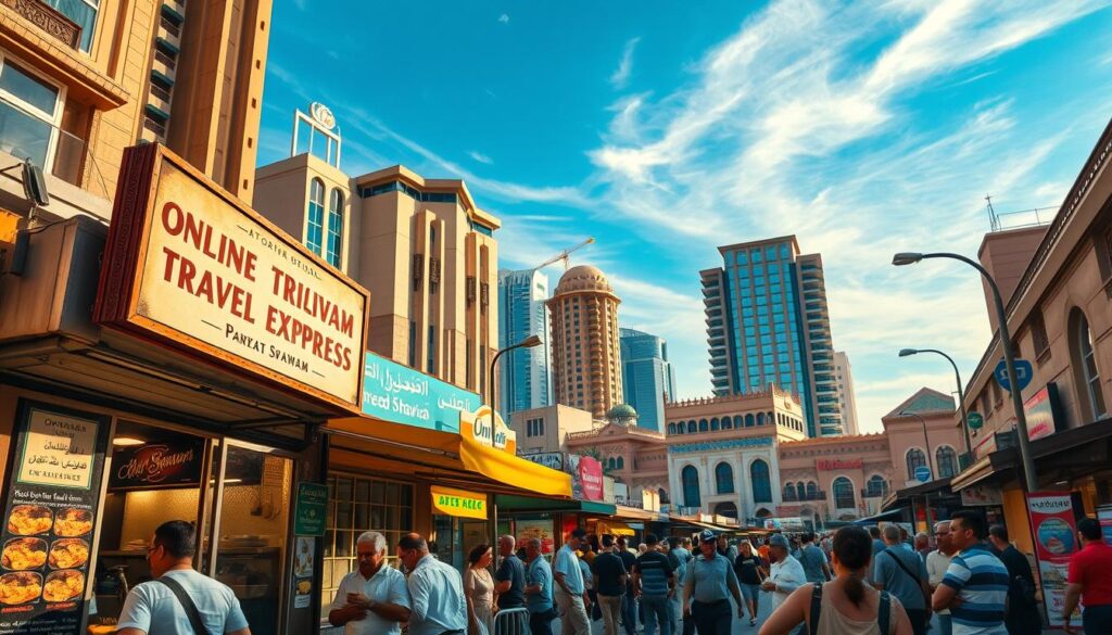 A bustling Dubai street lined with vibrant, open-air shawarma joints, their smoky aromas drifting through the air. In the foreground, a small hole-in-the-wall eatery with a vintage sign reading "Online Travel Express" beckons passersby. Customers queue patiently as skilled chefs skillfully carve succulent, slow-roasted meat onto freshly baked flatbreads. The middle ground features a mix of modern high-rises and traditional Arabic architecture, casting warm, golden shadows across the scene. In the background, a vibrant blue sky is dotted with wispy clouds, adding to the lively, atmospheric mood. The overall composition evokes a sense of authentic, local flavor and the hidden gems that await shawarma enthusiasts in Dubai.