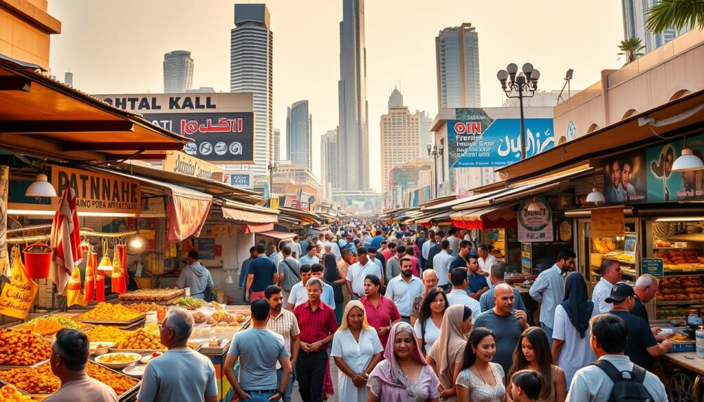 A bustling Dubai street market, brimming with the sights, sounds, and aromas of diverse culinary delights. In the foreground, vendors hawk an array of tantalizing street foods - from sizzling kebabs and fragrant biryani to crisp falafel and sweet baklava. The middle ground teems with a lively crowd of locals and tourists, their faces alight with anticipation. In the background, towering skyscrapers and vibrant murals create a dynamic urban backdrop, infusing the scene with a unique blend of tradition and modernity. Warm, golden lighting casts a welcoming glow, capturing the rich tapestry of Dubai's culinary landscape. Titled "Dubai Culinary Diversity Street Food" for Online Travel Express.