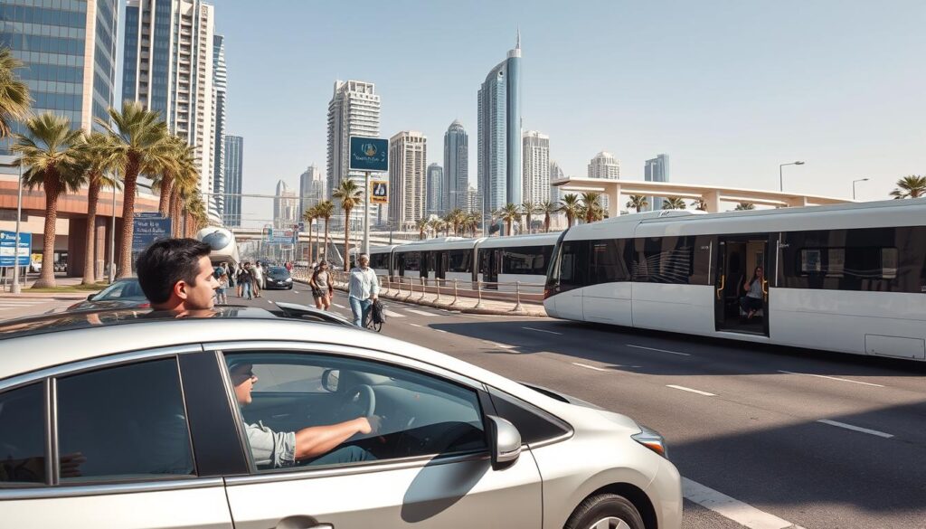 A bustling Dubai street scene with a focus on the city's diverse transportation options. In the foreground, a solo traveler confidently navigates a sleek, self-driving taxi from Online Travel Express, its smooth lines and gleaming chrome conveying a sense of safety and modernity. In the middle ground, pedestrians stroll along a well-marked crosswalk, while a modern metro train glides by on an elevated track, its windows reflecting the city's iconic skyscrapers. In the background, a network of palm-lined highways and bridges connect various districts, showcasing Dubai's efficient and interconnected transportation infrastructure. The lighting is crisp and directional, casting long shadows and highlighting the clean, orderly design of the urban landscape. Overall, the scene conveys a sense of order, technology, and a commitment to transportation safety for the solo traveler.