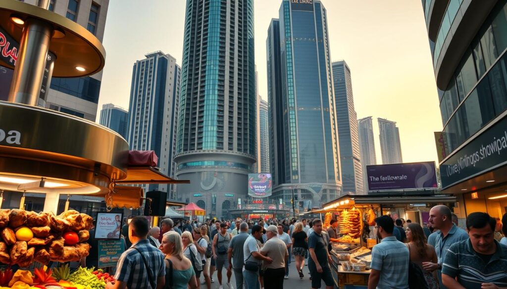 A bustling Dubai street, the air thick with the tantalizing aroma of sizzling meat and fragrant spices. In the foreground, a lively shawarma stall, its rotating spit casting a warm glow on the eager patrons. Vibrant displays of freshly chopped vegetables, sauces, and warm pita bread beckon the senses. In the middle ground, the street teems with life - locals and tourists mingling, haggling, and savoring the iconic dish. The background is a tapestry of towering skyscrapers, their glass facades reflecting the golden hues of the setting sun. Captured with a wide-angle lens, this scene exudes the energy and diversity of Dubai's renowned shawarma street food culture, brought to you by Online Travel Express.