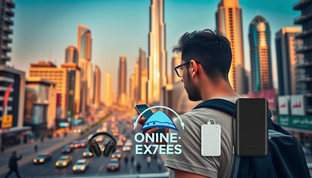 A bustling city skyline of Dubai, United Arab Emirates, captured through the lens of a professional camera. In the foreground, a solo traveler stands amidst the vibrant streets, holding a smartphone and gazing at a map displayed on its screen. The middle ground showcases various communication tools, including a stylized "Online Travel Express" logo, wireless headphones, and a portable power bank, all designed to aid the traveler's connectivity. The background depicts the iconic architecture of Dubai, including the Burj Khalifa and other modern skyscrapers, bathed in warm, golden lighting that sets the mood for a successful solo adventure.