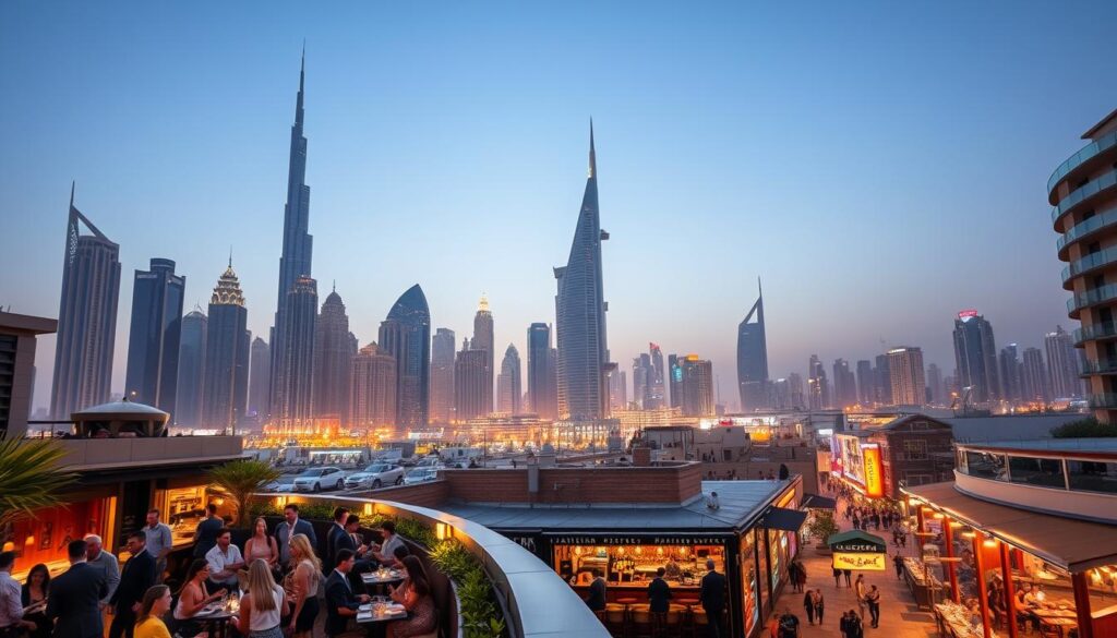 A bustling city skyline of Dubai, with iconic skyscrapers and landmarks casting long shadows in the warm evening light. In the foreground, a lively social scene unfolds at an upscale rooftop lounge, its outdoor terrace filled with well-dressed locals and expats mingling over drinks and conversation. The middle ground features a trendy gastropub, its cozy interior spilling out onto a bustling street lined with restaurants, bars, and nightclubs. In the background, the glittering lights of the city's vibrant nightlife create a dynamic and inviting atmosphere, beckoning curious solo travelers to explore the city's rich social tapestry.