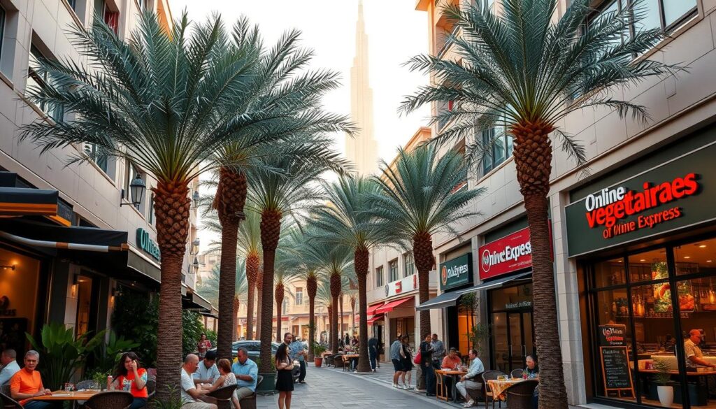 A bustling city street in Dubai, lined with vibrant vegetarian restaurants and cafes. In the foreground, customers dine alfresco under the shade of lush palm trees, enjoying a variety of plant-based dishes. The middle ground features the inviting storefronts of establishments like "Online Travel Express", their windows displaying enticing menu items. In the background, the iconic architecture of Dubai's skyline rises, bathed in warm, golden light. The scene conveys a sense of health, energy, and a thriving vegetarian culinary scene.