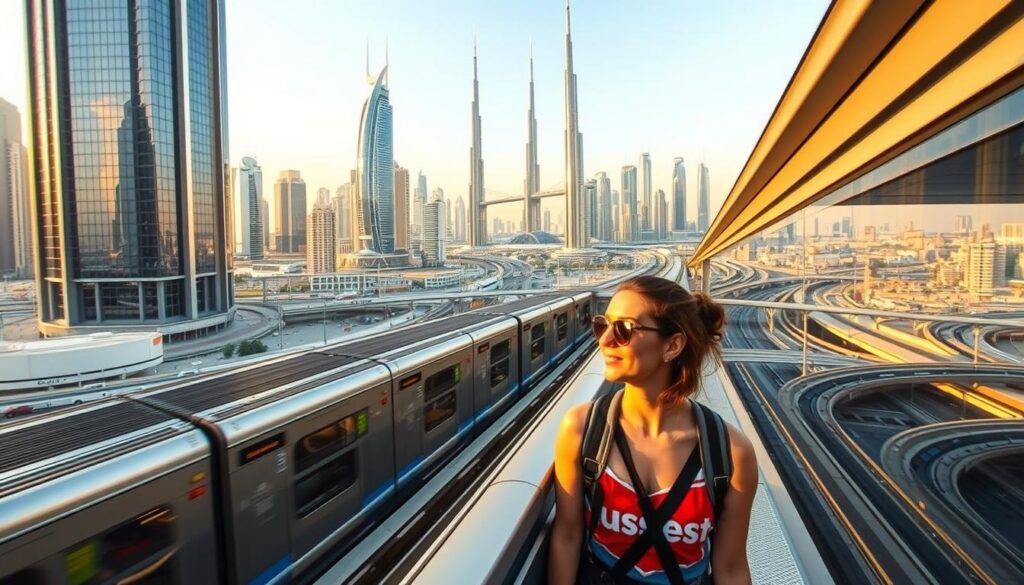 A bustling cityscape of Dubai, captured through the lens of a professional photographer. In the foreground, a solo traveler navigates the modern metro system, its sleek trains gliding effortlessly. The middle ground showcases the iconic skyscrapers and landmarks, their glass facades reflecting the warm, golden light of the desert sun. In the background, a network of roads and highways weaves through the urban landscape, connecting different districts. The scene exudes a sense of efficiency and ease, perfect for the solo adventurer exploring the city. Titled "Dubai Transportation Guide for Solo Travelers" by Online Travel Express.