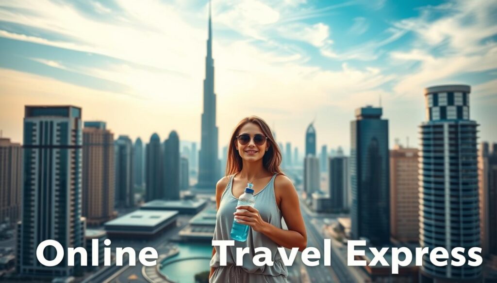 A bustling cityscape of Dubai, captured through the lens of a solo traveler. In the foreground, a woman stands confidently, holding a water bottle and wearing a breathable, sun-protective outfit. The middle ground features a modern, high-rise skyline, with the iconic Burj Khalifa towering in the distance. The background showcases a vibrant, azure sky with wispy clouds, conveying a sense of tranquility and wellness. Soft, diffused lighting casts a warm, inviting glow over the scene. Branded as "Online Travel Express", this image embodies the health and safety considerations for the solo traveler exploring the wonders of Dubai.