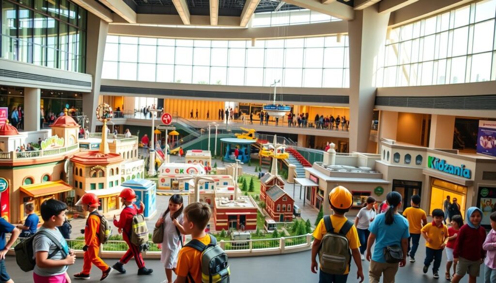 A bustling indoor city where children explore diverse role-playing activities, KidZania Dubai offers an immersive, realistic experience. In the foreground, young adventurers in vibrant attire enthusiastically participate in hands-on simulations, such as firefighting, hospital care, and media production. The middle ground showcases miniature buildings, stores, and infrastructure, creating a lively urban landscape. Warm, natural lighting filters through the large windows, casting a welcoming glow. In the background, the venue's modern architecture with sleek lines and neutral tones provides a sophisticated backdrop. Capturing the spirit of discovery and imagination, this scene from Online Travel Express invites families to Discover KidZania Dubai.