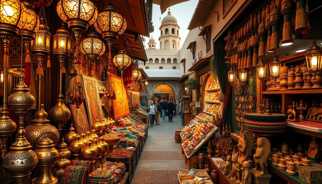 A bustling market within Dubai's Al Fahidi Historical Neighborhood, showcasing a vibrant array of cultural souvenirs. Ornate lanterns, intricate handwoven rugs, and gleaming brass trinkets fill the foreground, inviting exploration. The middle ground features colorful textiles, fragrant spices, and carved wooden figurines, all arranged in a visually captivating display. In the background, the neighborhood's iconic wind towers and traditional architecture create a timeless, atmospheric setting. Warm, golden lighting bathes the scene, capturing the rich heritage and vibrant energy of this unique cultural hub. Titled "Online Travel Express", this image evokes the essence of Dubai's best markets for unique and authentic souvenirs.