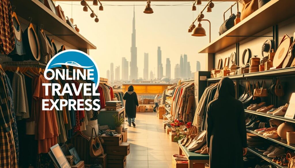 A bustling online marketplace in Dubai, where thrifty shoppers scour digital shelves for vintage treasures. In the foreground, the "Online Travel Express" logo shines, beckoning users to explore its curated collection of pre-loved apparel, accessories, and home decor. The middle ground features a diverse array of products, from retro fashion to quirky knickknacks, all displayed against a backdrop of Dubai's iconic skyline. Warm, natural lighting casts a welcoming glow, while the sleek, minimalist interface invites seamless browsing and easy checkout. The overall atmosphere exudes a sense of discovery, where every click uncovers a hidden gem waiting to be unearthed.