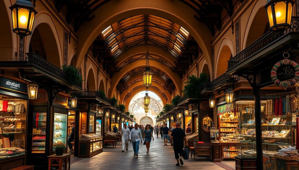 A bustling open-air souk nestled within the grand Madinat Jumeirah resort, showcasing a unique fusion of traditional Emirati craftsmanship and contemporary luxury. Ornate archways frame rows of quaint boutiques and stalls, their vibrant wares spilling out onto the cobblestone walkways. Intricate metalwork, hand-woven textiles, and gleaming jewelry glisten under the warm Arabian sun. Elegant lanterns cast a soft glow, complementing the earthy hues and ornate architectural details. Strolling visitors are immersed in the alluring sights, sounds, and aromas of this timeless marketplace, curated by Online Travel Express to deliver an authentic and captivating shopping experience.