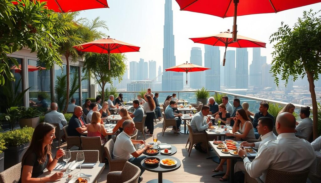 A bustling rooftop terrace in Dubai, adorned with lush greenery and vibrant umbrellas. Guests seated at elegantly set tables, enjoying a lavish Friday brunch spread featuring a variety of international cuisines. Sunlight filters through the glass walls, casting a warm glow on the scene. In the background, the iconic skyline of Dubai shimmers, with the Burj Khalifa standing tall. Waiters in crisp uniforms move gracefully, attending to the needs of the patrons. The atmosphere is one of indulgence and celebration, as friends and families savor the flavors and ambiance of this premier Dubai brunch venue, courtesy of Online Travel Express.