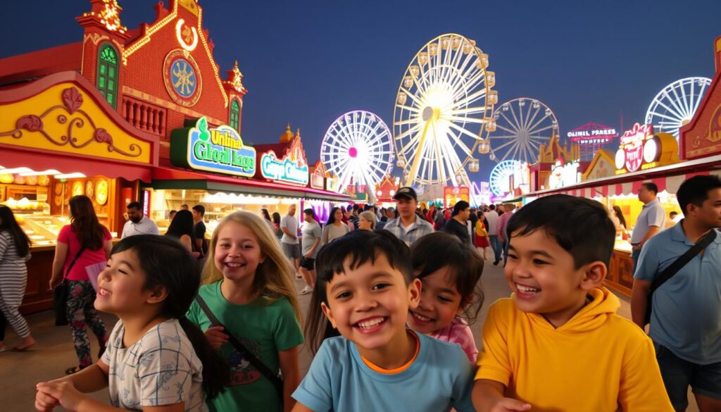 A bustling scene at Dubai's Global Village, where children's laughter echoes amid vibrant pavilions and colorful attractions. In the foreground, a group of youngsters engage in hands-on cultural activities, their faces alight with wonder. The middle ground showcases diverse international food stalls, their aromas mingling in the warm, golden-hour light. In the background, a ferris wheel and other family-friendly rides beckon, creating a sense of excitement and adventure. Captured with a wide-angle lens, this image evokes the lively, multicultural atmosphere of this renowned family destination, as presented by Online Travel Express.