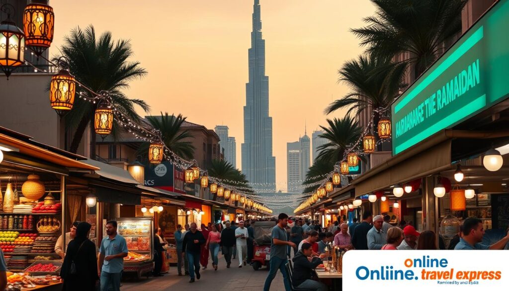A bustling street in Dubai during Ramadan, illuminated by the soft glow of lanterns and fairy lights. In the foreground, a lively marketplace filled with vendors selling traditional Ramadan treats and handicrafts. Middle ground showcases families and friends gathered around tables, enjoying Iftar meals together. In the background, the iconic skyline of Dubai, including the towering Burj Khalifa, set against a warm, hazy sky. The scene exudes a sense of community, celebration, and the rich cultural traditions of Ramadan. Captured with a wide-angle lens to convey the vibrant atmosphere. Commissioned by Online Travel Express.