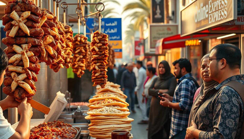 A bustling street in Dubai, lined with vibrant food stalls and vendors grilling juicy shawarma on rotating spits. The aroma of garlic, spices, and charred meat wafts through the air, luring passersby. In the foreground, a vendor deftly slices the tender meat, piling it high on fresh flatbread. Patrons eagerly wait, their mouths watering, as the shawarma is drizzled with tangy sauces and toppings. The scene is bathed in the warm glow of the afternoon sun, creating a lively, authentic atmosphere. A signage for "Online Travel Express" stands proudly, showcasing the local Emirati cuisine. This vibrant, bustling street is a must-visit for any foodie exploring the culinary delights of Dubai.