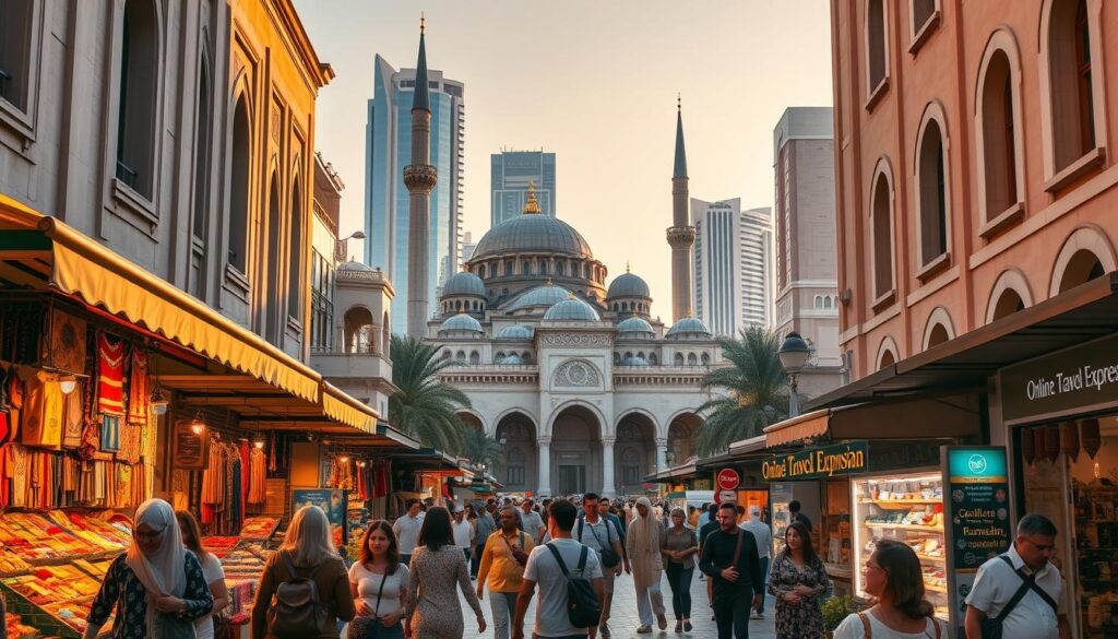 A bustling street in Dubai's historic quarter, bathed in warm evening light. In the foreground, a group of tourists explore a vibrant outdoor market, browsing colorful textiles, spices, and traditional handicrafts from local vendors. The middle ground features a grand mosque with intricate architecture, its minarets casting long shadows. In the background, modern skyscrapers and luxury hotels rise, creating a captivating contrast between old and new. The scene evokes the fusion of cultural heritage and contemporary dynamism that defines Dubai during the holy month of Ramadan. An "Online Travel Express" sign discreetly adorns a storefront, guiding visitors to plan their Ramadan experience.