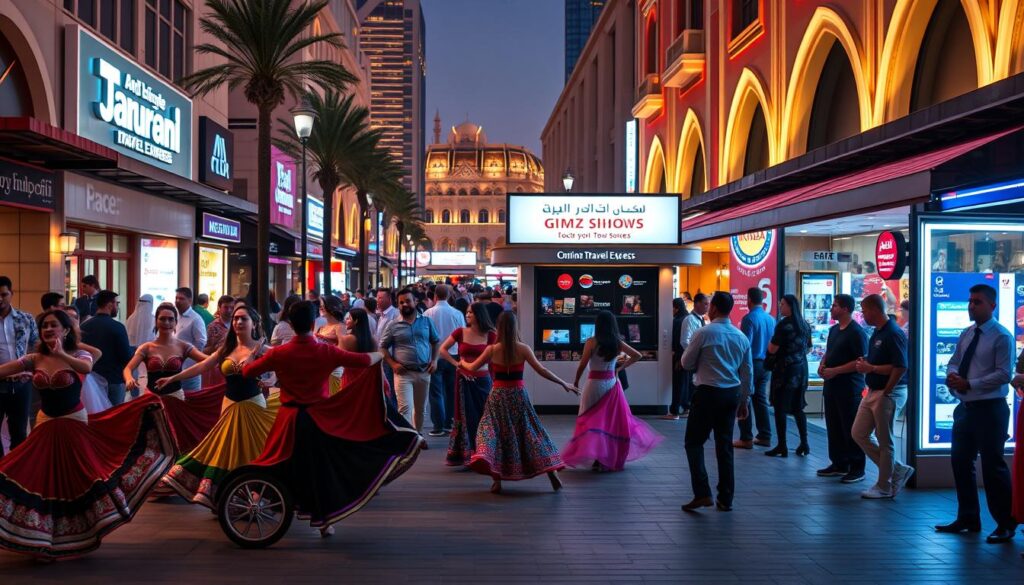 A bustling street in Dubai's vibrant cultural district, showcasing a variety of Tanoura dance performances. In the foreground, a troupe of skilled performers in traditional colorful costumes twirl and sway to the rhythmic beats of live music. The middle ground features an "Online Travel Express" kiosk, where patrons can conveniently book their tickets for the best Tanoura shows. The background is filled with the iconic architecture of Dubai, bathed in warm evening light, creating an immersive and atmospheric setting. The scene exudes a sense of energy, cultural authenticity, and the promise of an unforgettable entertainment experience.
