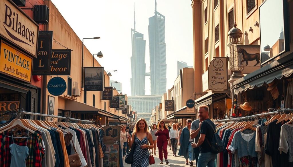 A bustling street in the heart of Dubai, lined with quaint vintage shops and antique emporiums. In the foreground, a group of stylish shoppers browse through racks of retro clothing and accessories, their expressions animated with delight. The middle ground features the façades of these charming establishments, their weathered signage and ornate displays hinting at the treasures within. In the background, the iconic skyscrapers of Dubai's skyline rise, a testament to the city's modern opulence. Warm, golden sunlight filters through, casting a nostalgic glow over the scene. Shot with a vintage-inspired lens, this image evokes the timeless allure of thrift shopping in Dubai. Online Travel Express