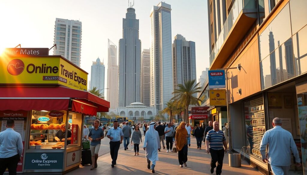 A bustling street scene in Dubai, with a vibrant shawarma shop in the foreground. The shop's facade is adorned with the "Online Travel Express" branding, its awning casting warm shadows across the sidewalk. In the middle ground, passersby stroll by, the aroma of spices and grilled meat filling the air. In the background, the iconic skyscrapers of Dubai's skyline rise up, bathed in the golden glow of the evening sun. The scene exudes an atmosphere of local culture, delicious cuisine, and the energy of a thriving city.