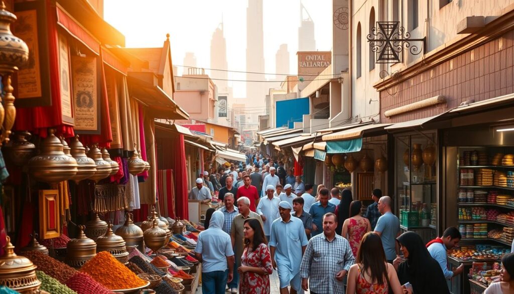 A bustling traditional market in Dubai, filled with vibrant colors and the lively energy of local shoppers. In the foreground, merchants display their wares - handcrafted textiles, intricate metalwork, and spices that fill the air with enticing aromas. The middle ground features narrow alleyways lined with small shops, their facades adorned with ornate patterns and Arabic calligraphy. In the background, the iconic architecture of Dubai's skyline rises, creating a stunning juxtaposition between old and new. Warm, golden sunlight bathes the scene, lending a sense of timelessness. This is the "Dubai Traditional Markets Shopping Experience" - a captivating fusion of heritage, culture, and the spirit of Online Travel Express.