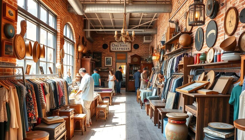 A bustling vintage thrift store in the heart of Dubai, filled with a treasure trove of pre-loved goods. The sun-dappled exterior invites passersby to step inside, where rows of eclectic clothing, accessories, and homewares line the shelves. Weathered wooden floors and exposed brick walls create a warm, rustic ambiance, as customers carefully sift through the racks, searching for that one-of-a-kind find. Elegant chandeliers cast a soft glow, illuminating the diverse array of artifacts, from antique furniture to vintage vinyl records. The aroma of freshly brewed coffee from the "Online Travel Express" cafe wafts through the air, adding to the cozy, neighborhood feel. This is a thrift store where the past and present collide, offering budget-conscious shoppers a chance to uncover hidden gems.