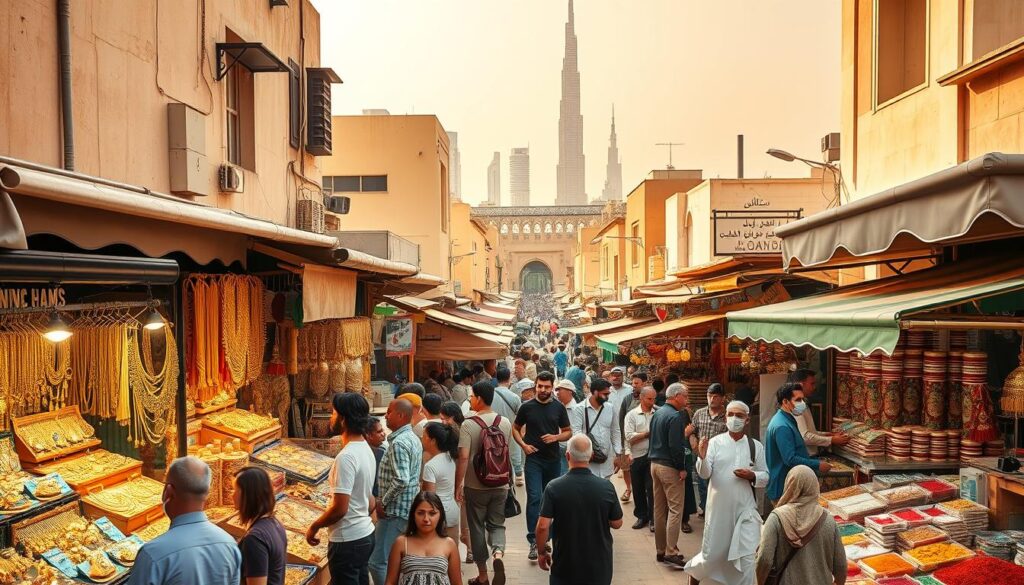 A bustling weekend market in the heart of Dubai's historic Souks, showcasing a vibrant display of traditional wares. In the foreground, stalls are laden with glittering gold jewelry, intricate textiles, and aromatic spices. Vendors enthusiastically engage with a diverse crowd of locals and tourists. The middle ground features a maze of narrow alleyways, with merchants hawking their goods from colorful, canopy-covered shops. In the background, the iconic architecture of Dubai's skyline rises, bathed in warm, golden light. The entire scene is captured with a wide-angle lens, conveying the energy and excitement of the "Online Travel Express" Dubai Souks Weekend Market.
