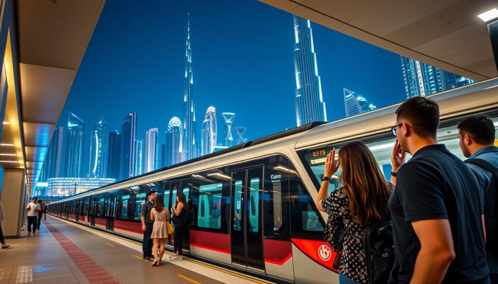 A busy Dubai nightlife scene with people hailing affordable public transport options. In the foreground, a group of friends standing on a metro platform, their faces lit by the warm glow of the station lights. In the middle ground, a sleek, modern metro train pulls into the station, its smooth lines and bright colors catching the eye. The background features the iconic skyline of Dubai, with towering skyscrapers and the Burj Khalifa standing tall against a deep blue evening sky. The mood is lively and vibrant, conveying the energy and excitement of a night out in the city, while the focus on public transport suggests a cost-conscious approach to enjoying Dubai's nightlife.