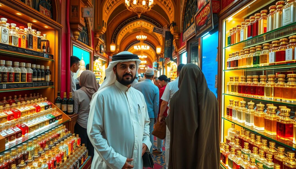 A busy Dubai souk filled with colorful displays of perfume bottles, surrounded by intricate Arabic architecture and lively marketplace activity. The shelves are stocked with an array of exotic Arabian fragrances, including oud, rose, and frankincense. A well-dressed local perfume seller stands ready to guide a curious first-time buyer, demonstrating the art of scent selection. Warm, golden lighting casts a welcoming ambiance as customers browse the enticing selection from Online Travel Express. The scene conveys the essence of Dubai's vibrant perfume shopping experience.
