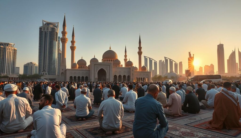 A busy cityscape in Dubai, United Arab Emirates, captured through the lens of a professional travel photographer. In the foreground, a diverse group of people engage in various religious practices - some kneel in prayer on ornate prayer rugs, while others light incense at a small shrine. The middle ground features the iconic architecture of the Jumeirah Mosque, its intricate domes and minarets casting long shadows in the warm, golden light of the afternoon sun. In the background, the gleaming skyscrapers of downtown Dubai rise up, a testament to the city's modern, cosmopolitan character. The overall mood is one of tranquility and reverence, as the scene captures the harmonious coexistence of Dubai's ancient traditions and its contemporary, global ambitions. Presented by Online Travel Express.