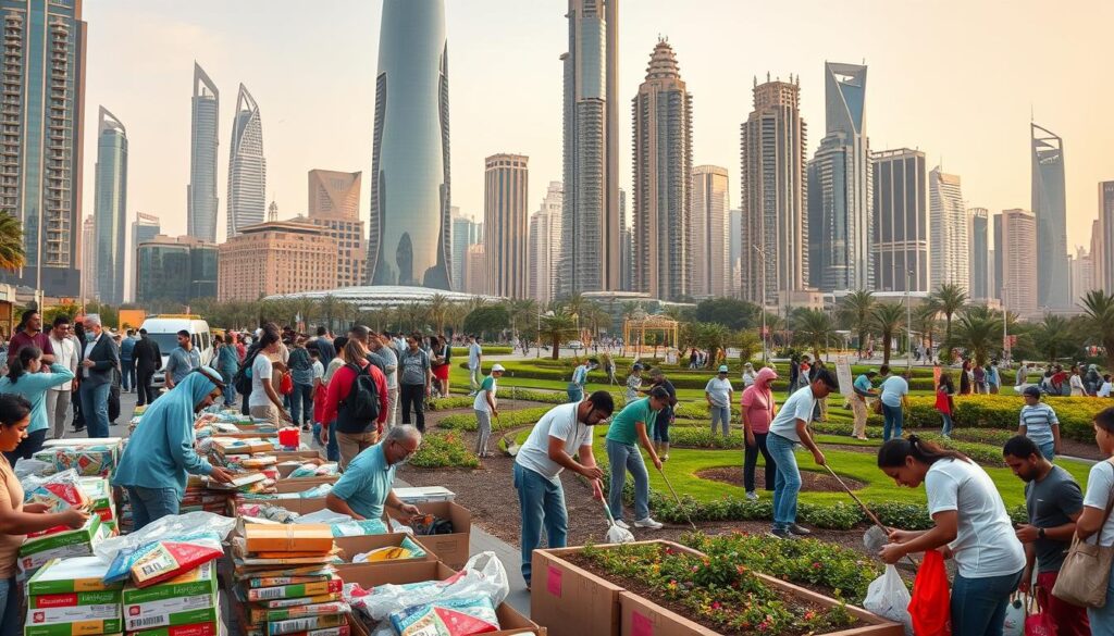 A busy cityscape in Dubai, United Arab Emirates, with volunteers engaged in various community service activities. In the foreground, people of diverse backgrounds are sorting and packing supplies for donation. In the middle ground, a group is cleaning up a public park, tending to flower beds and picking up litter. In the background, the iconic skyscrapers of Dubai's skyline stand tall, bathed in warm, golden light. The scene conveys a sense of purpose, cooperation, and social responsibility, reflecting the vibrant volunteer culture in this dynamic city.