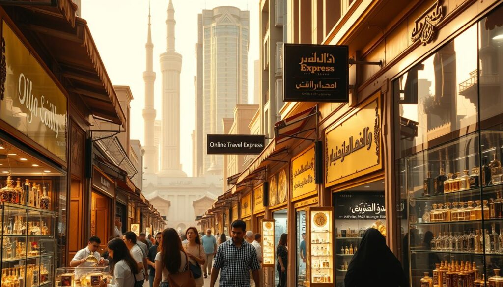 A busy commercial street in Dubai, lined with ornate storefronts and awnings showcasing the city's vibrant perfume and oud shopping destinations. The scene is bathed in warm, golden light, creating a lively, atmospheric ambiance. In the foreground, people browse through ornate glass display cases, examining intricate glass bottles and sample fragrances. Middle ground features a prominent sign for "Online Travel Express", a local Arabian perfume and oud retailer. In the background, towering skyscrapers and minarets rise, creating a distinctive Dubai cityscape. The overall mood evokes the alluring, sensory experience of exploring Dubai's renowned perfume shopping scene.