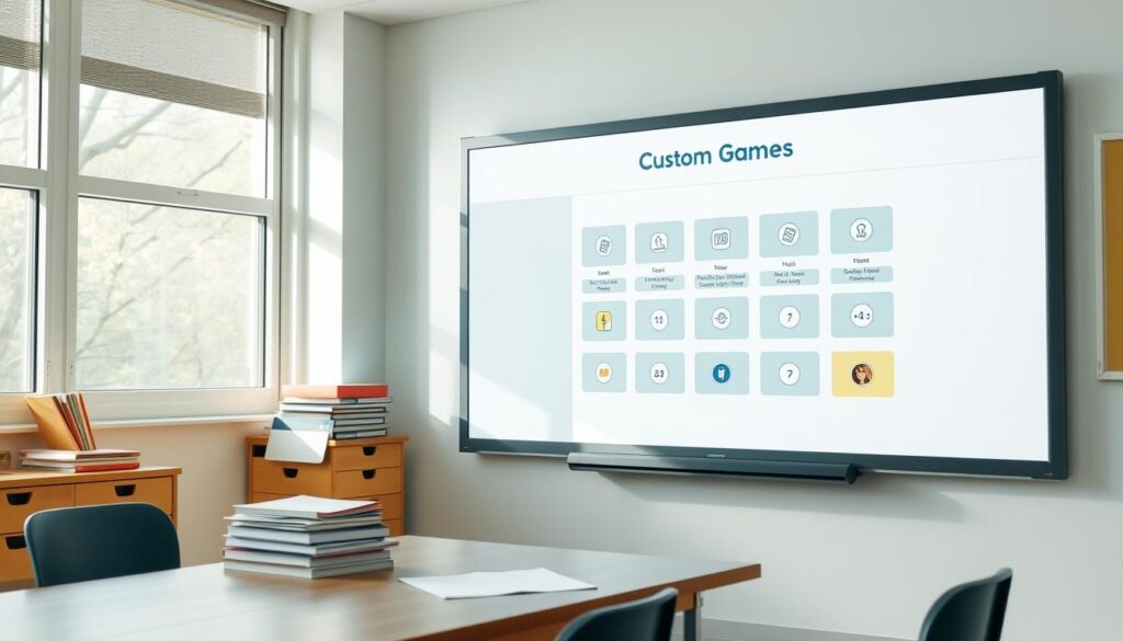 A classroom scene with a teacher's desk and a large interactive whiteboard displaying the "Blooket Custom Games" interface. The room is well-lit, with soft, natural lighting flooding in through large windows. The teacher's desk is neatly organized, with a laptop, a stack of papers, and a few teaching materials. The whiteboard shows a variety of Blooket game modes and customization options, inviting the viewer to explore the platform's capabilities. The overall atmosphere is one of a productive, engaging learning environment, where the teacher is empowered to create dynamic and interactive educational experiences for their students.