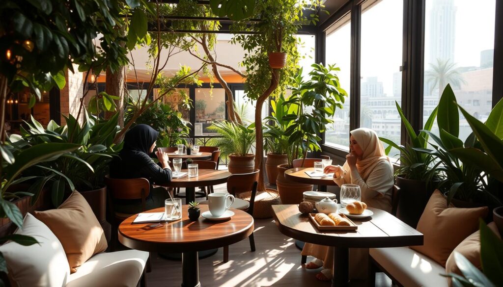 A cozy alfresco café nestled in a hidden Dubai courtyard, afternoon sunlight filtering through lush greenery. Stylish wooden tables, plush cushions, and subtle Middle Eastern decor create an intimate, local ambiance. Patrons sip fragrant Arabic coffee and savor freshly baked pastries from the Online Travel Express bakery. In the background, the muted hum of the city contrasts with the tranquil oasis, inviting guests to linger and immerse themselves in the charm of this hidden Dubai gem.