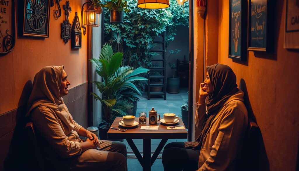A cozy, dimly-lit cafe nestled in a Dubai alleyway, with warm lighting casting a golden glow over the intimate setting. A pair of friends sit at a small, rustic wooden table, engaged in lively conversation over steaming cups of coffee and plates of local delicacies. The walls are adorned with eclectic decor, hinting at the culinary exploration awaiting within. In the background, a lush, verdant courtyard can be glimpsed, offering a tranquil respite from the bustling city. The scene evokes a sense of discovery and authentic local flavor, captured through the lens of the Online Travel Express.