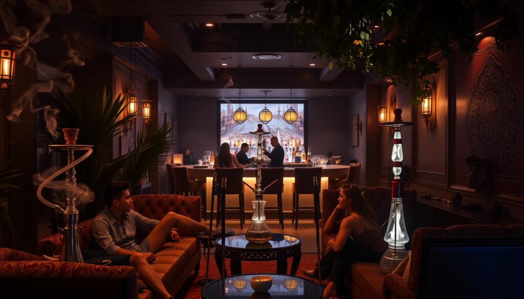 A cozy, dimly lit hookah lounge in Dubai, with plush seating and lush, lush greenery accenting the scene. Soft, ambient lighting creates a warm, relaxing atmosphere, with elegant glass hookahs casting swirling patterns of smoke. In the foreground, a group of friends recline on ornate, cushioned couches, savoring the fragrant shisha. The middle ground features a stylishly appointed bar, where a skilled bartender prepares sophisticated cocktails. In the background, subtle Middle Eastern motifs adorn the walls, transporting the viewer to a tranquil oasis amidst the bustling city. An enchanting, immersive experience that perfectly captures the essence of unwinding at Dubai's top shisha lounges.
