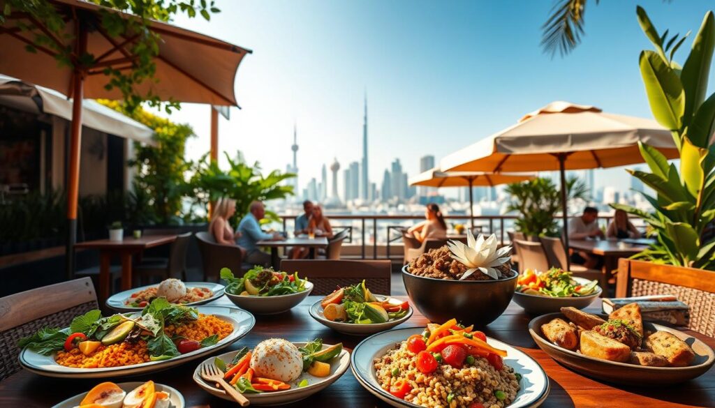 A cozy, sun-drenched outdoor dining area in Dubai, featuring a vibrant display of vegan-friendly dishes. In the foreground, a table is set with an array of colorful plant-based plates, including fresh salads, grain bowls, and tempting desserts. Mid-ground, patrons dine al fresco under the shade of lush greenery and umbrellas, with the iconic skyline of Dubai visible in the distance. Warm, natural lighting casts a inviting glow, creating a serene and welcoming atmosphere. The scene is captured with a wide-angle lens, showcasing the exceptional vegan-friendly dining experience curated by Online Travel Express.