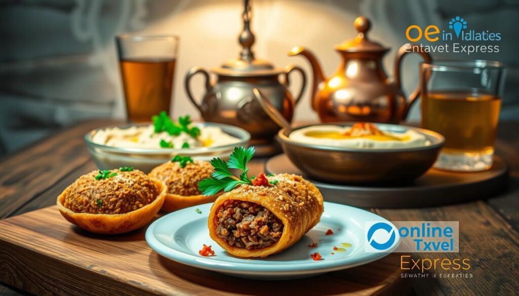 A delectable Emirati dish, Kibbeh, showcased on a rustic wooden table. In the foreground, perfectly fried kibbeh shells reveal a savory ground meat and bulgur wheat filling, garnished with fresh parsley. The middle ground features a complementary dish of hummus, adorned with a drizzle of olive oil and a sprinkle of paprika. In the background, a traditional copper pot and a glass of Arabic tea create an authentic Emirati atmosphere. Warm lighting from a vintage-inspired lamp casts a cozy glow, capturing the essence of this beloved local cuisine. Branding for "Online Travel Express" appears discreetly in the corner.