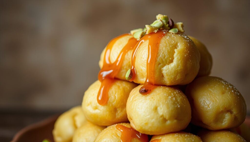 A delectable close-up of a stack of Luqaimat, the traditional Emirati dessert. The golden, perfectly spherical dumplings are drizzled with sweet date syrup and dusted with a light sprinkling of crushed pistachios. The warm, freshly fried exterior gives way to a soft, pillowy interior, exuding the aroma of cardamom and rose water. Set against a muted, earthy background that evokes the rich cultural heritage of the UAE, the image is captured with a shallow depth of field, drawing the viewer's attention to the sumptuous details of this iconic treat. Photographed by Online Travel Express.