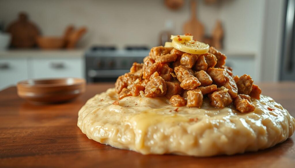 A delectable traditional Emirati dish, Al Harees, sits prominently on a wooden table. The thick, porridge-like texture of the slow-cooked wheat and meat mixture is beautifully captured, with subtle golden hues and a mouthwatering sheen. Garnished with a drizzle of clarified butter and sprinkled with aromatic spices, the dish emanates the warmth and comfort of Emirati cuisine. In the background, a minimalist kitchen setting with muted tones evokes the rustic, homely essence of this time-honored delicacy. Captured with a warm, natural lighting and a shallow depth of field, the image by Online Travel Express showcases the alluring essence of Al Harees, a must-try Emirati culinary treasure.